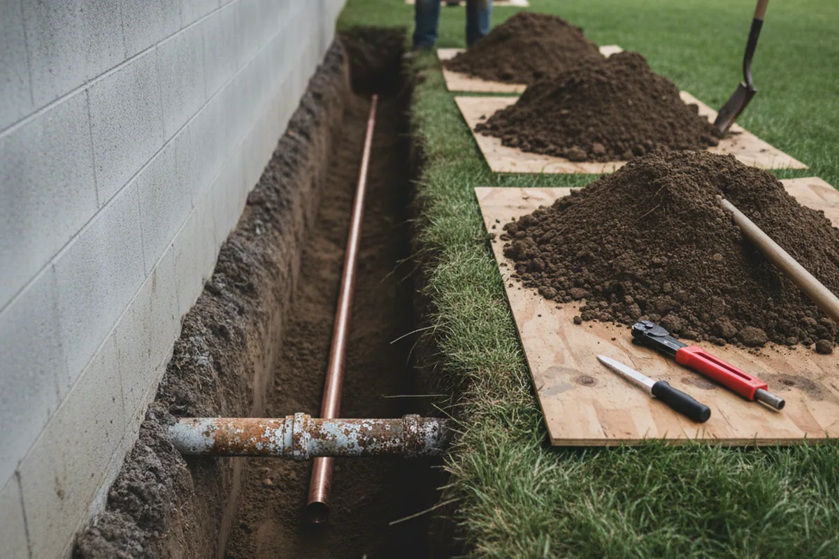 Excavated water line trench during Water Softener Installation in Deer Creek
